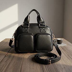 Passage Black Faux Leather Satchel Bag with Front Pocket