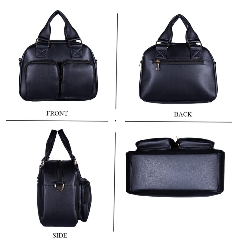 Passage Black Faux Leather Satchel Bag with Front Pocket