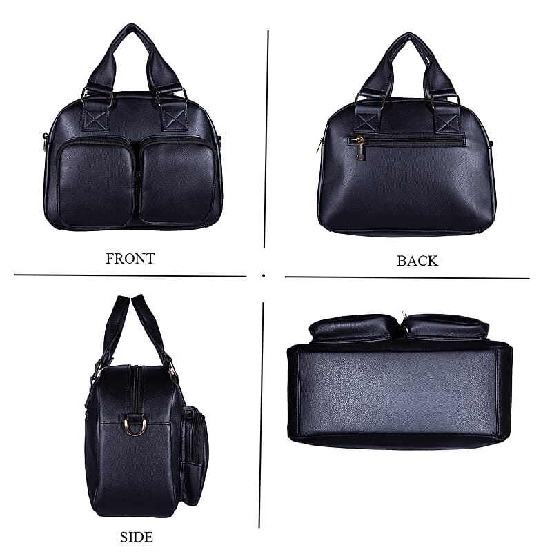 Passage Black Faux Leather Satchel Bag with Front Pocket