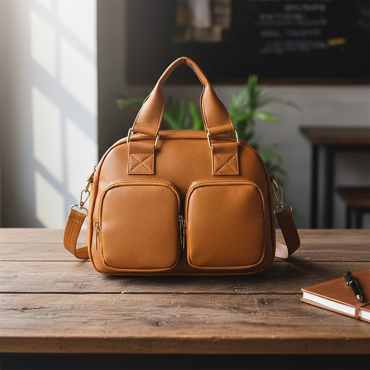 Passage Brown Faux Leather Satchel Bag with Front Pocket image number 1