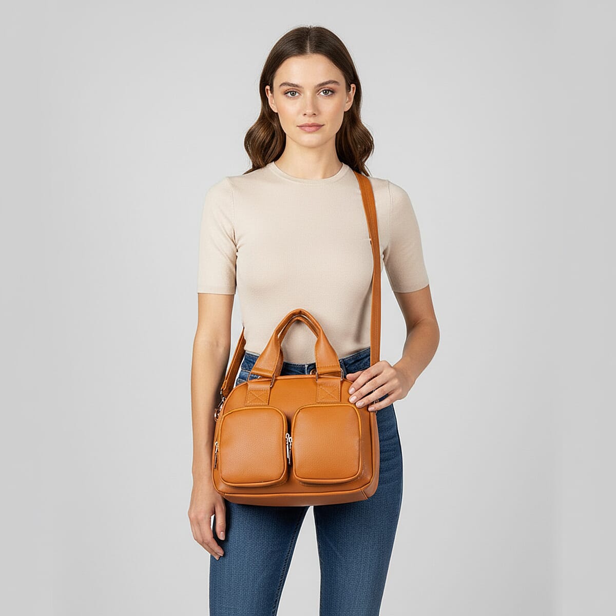Passage Brown Faux Leather Satchel Bag with Front Pocket image number 2