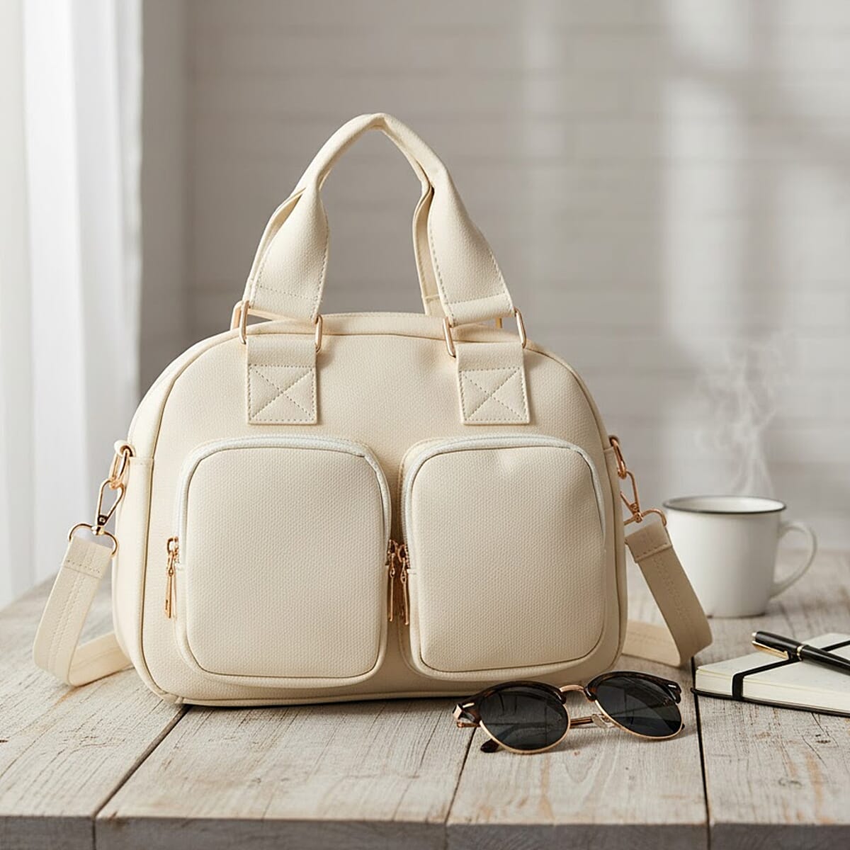 Passage Light Cream Faux Leather Satchel Bag with Front Pocket image number 1