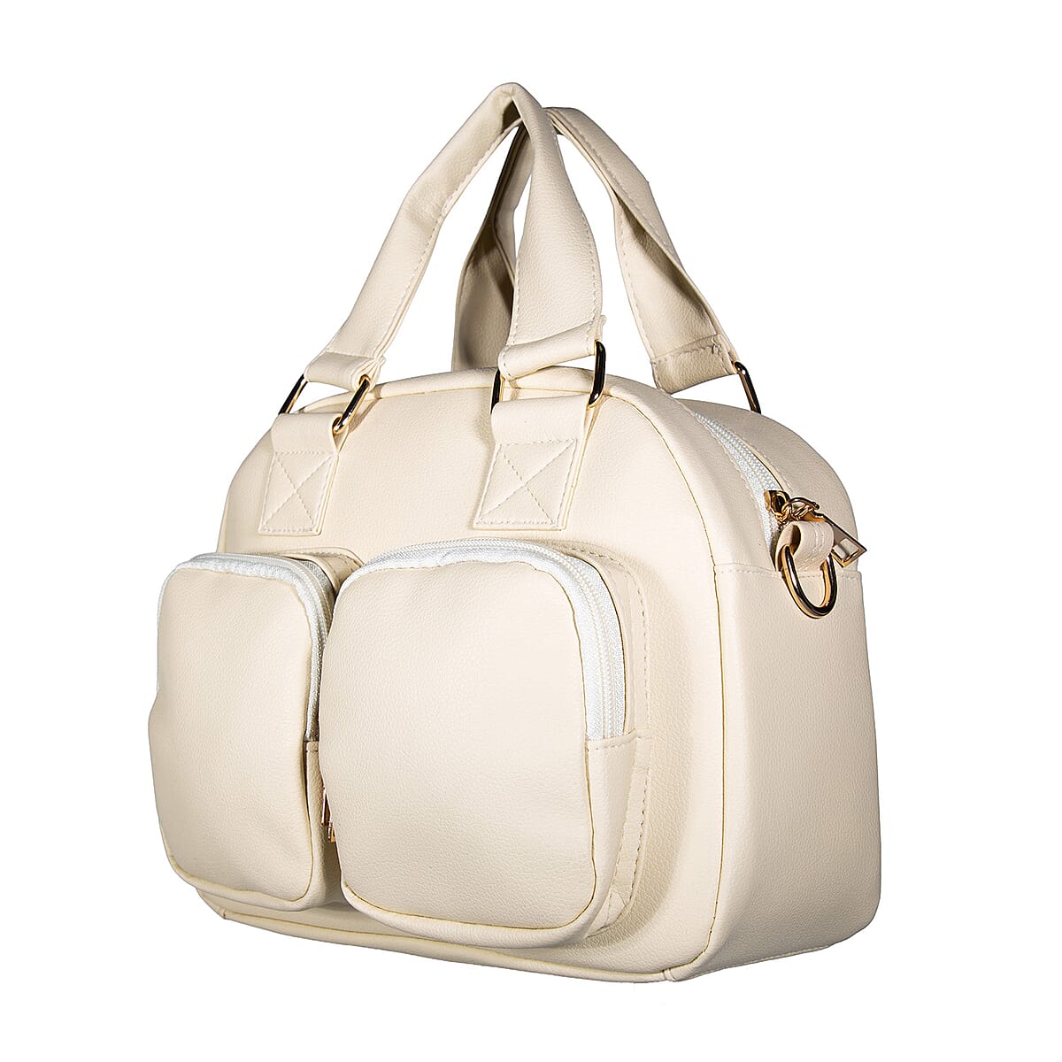 Passage Light Cream Faux Leather Satchel Bag with Front Pocket image number 4