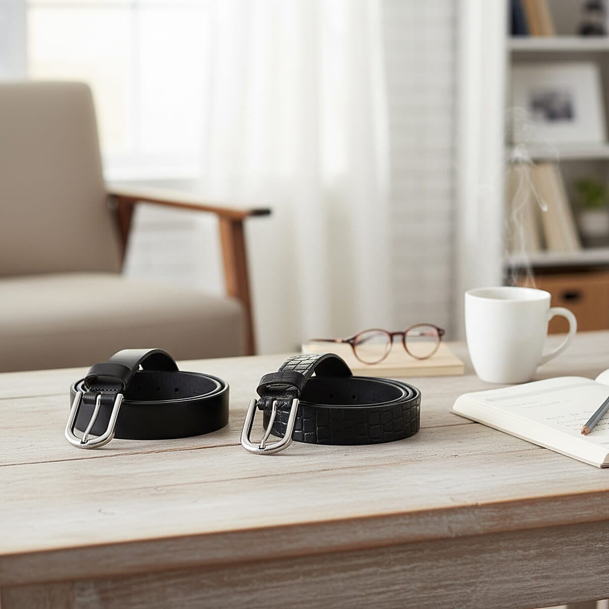 LA Marey Black Croco Genuine Leather Women's Set of 2 Belt (42 inches) image number 1