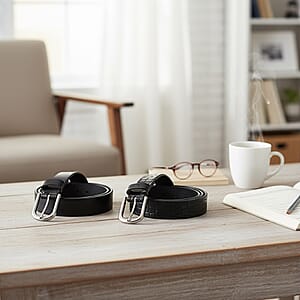 LA Marey Black Croco Genuine Leather Women's Set of 2 Belt (42 inches)