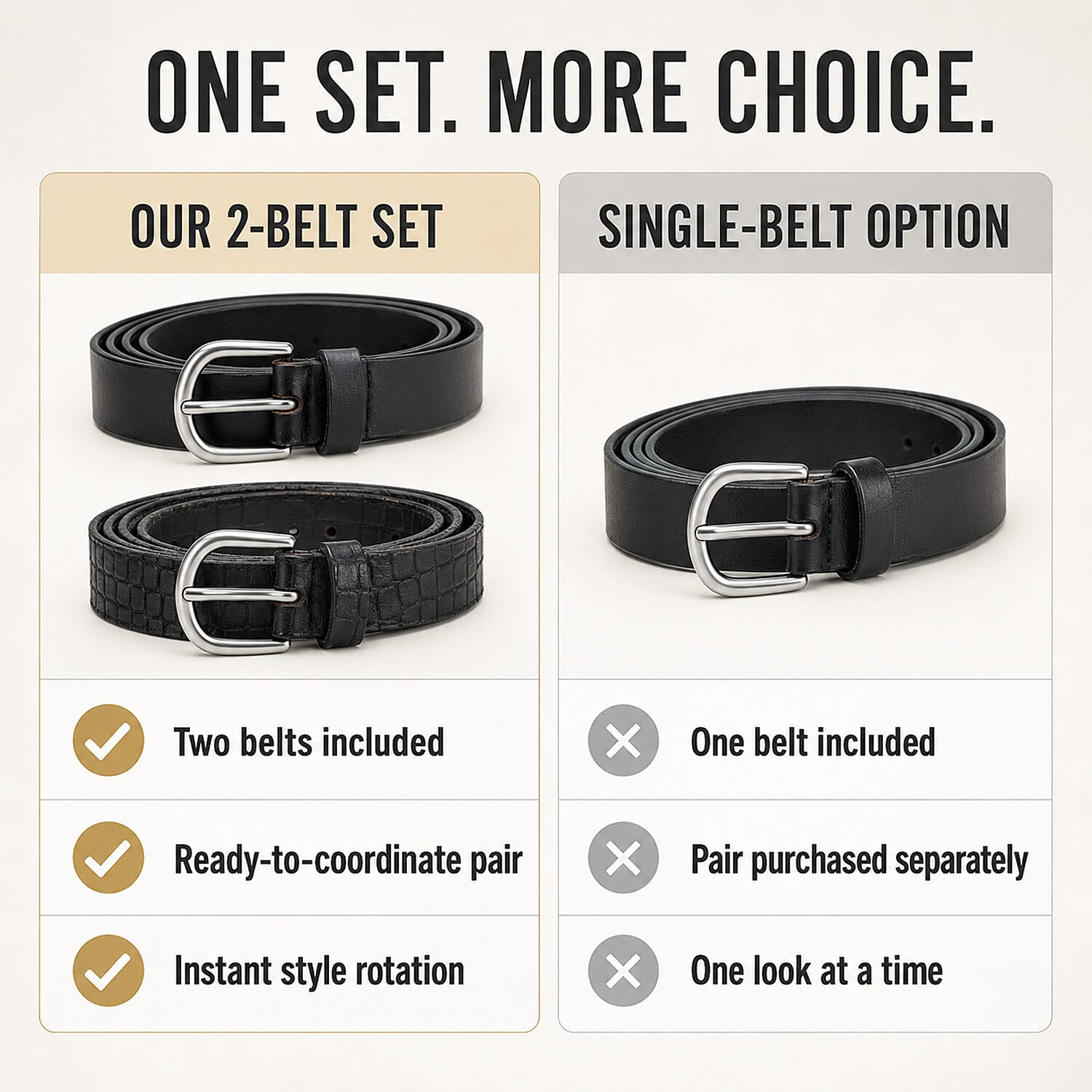 LA Marey Black Croco Genuine Leather Women's Set of 2 Belt (42 inches)