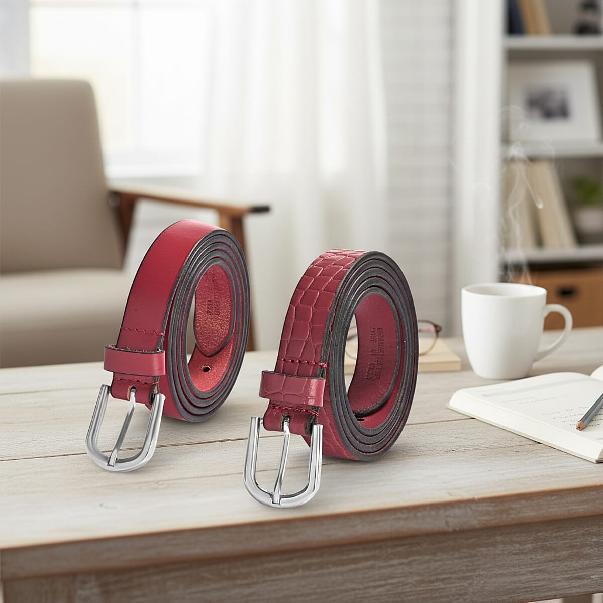 LA Marey Wine Croco Genuine Leather Women's Set of 2 Belt (42 inches) image number 1