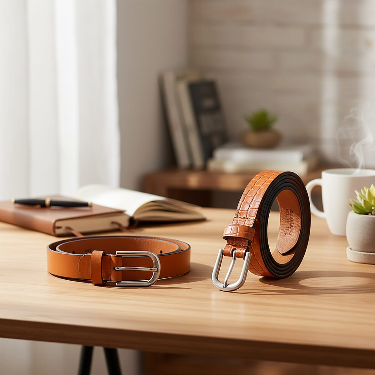 LA Marey Tan Croco Genuine Leather Women's Set of 2 Belt (42 inches) image number 1