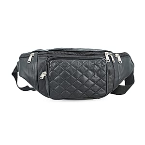 Tamsy Black Genuine Leather Fanny Pack with RFID Protection (17.5x6.5)