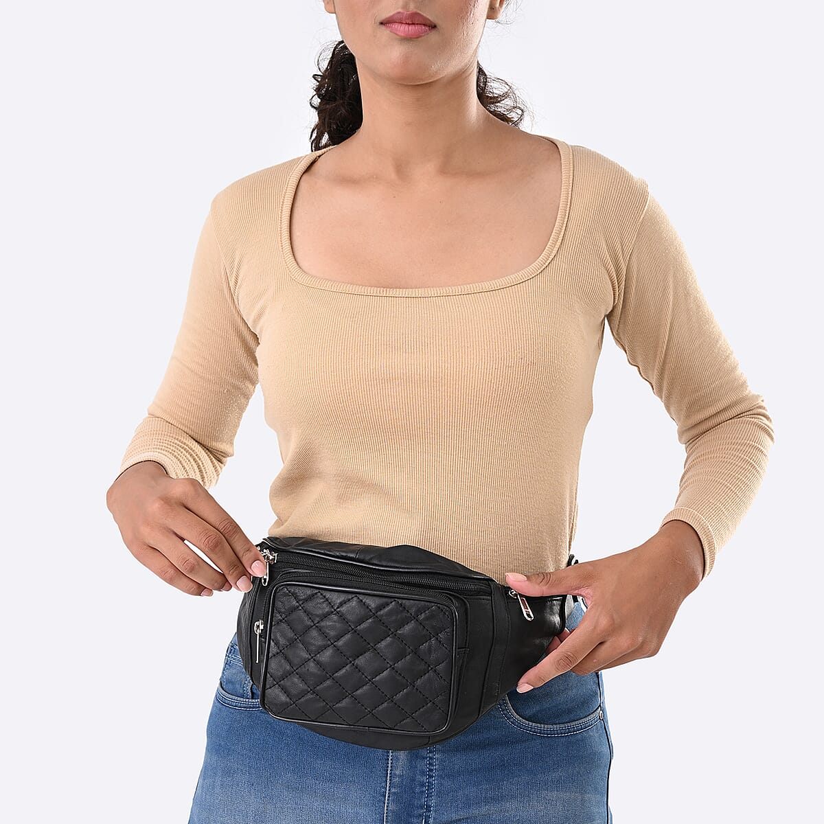 Tamsy Black Genuine Leather Fanny Pack with RFID Protection (17.5"x6.5") image number 1