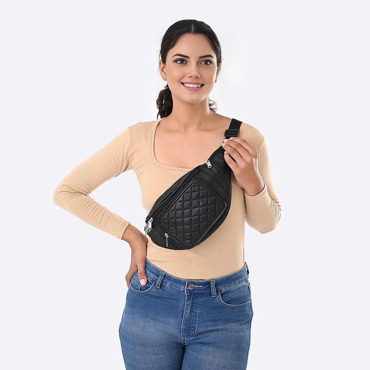 Tamsy Black Genuine Leather Fanny Pack with RFID Protection (17.5"x6.5") image number 2