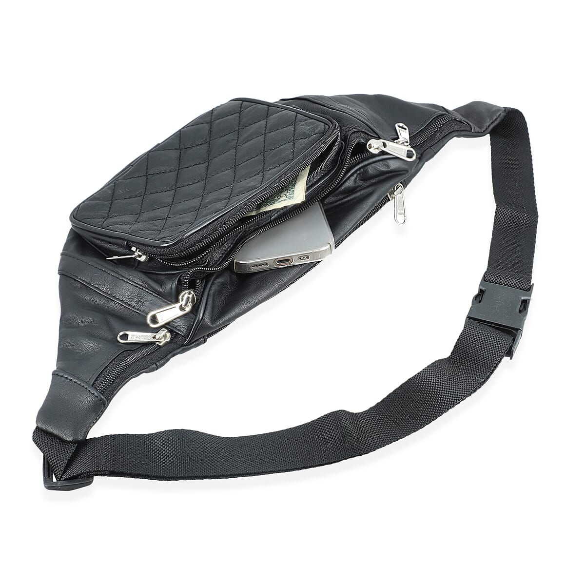 Tamsy Black Genuine Leather Fanny Pack with RFID Protection (17.5"x6.5") image number 6