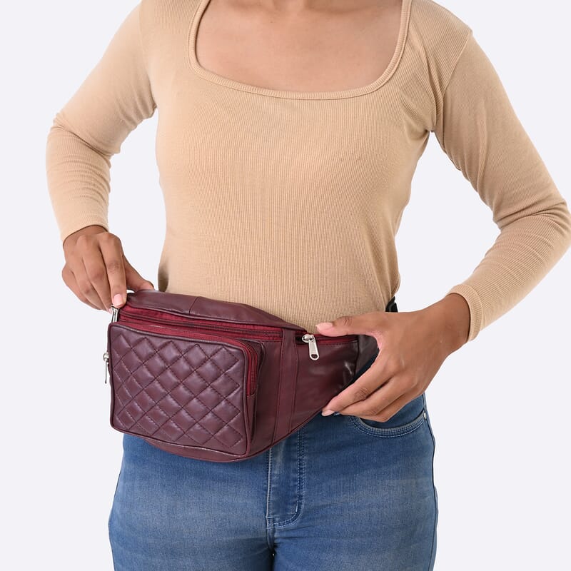 La Marey Burgundy Genuine Leather Fanny Pack with RFID Protection
