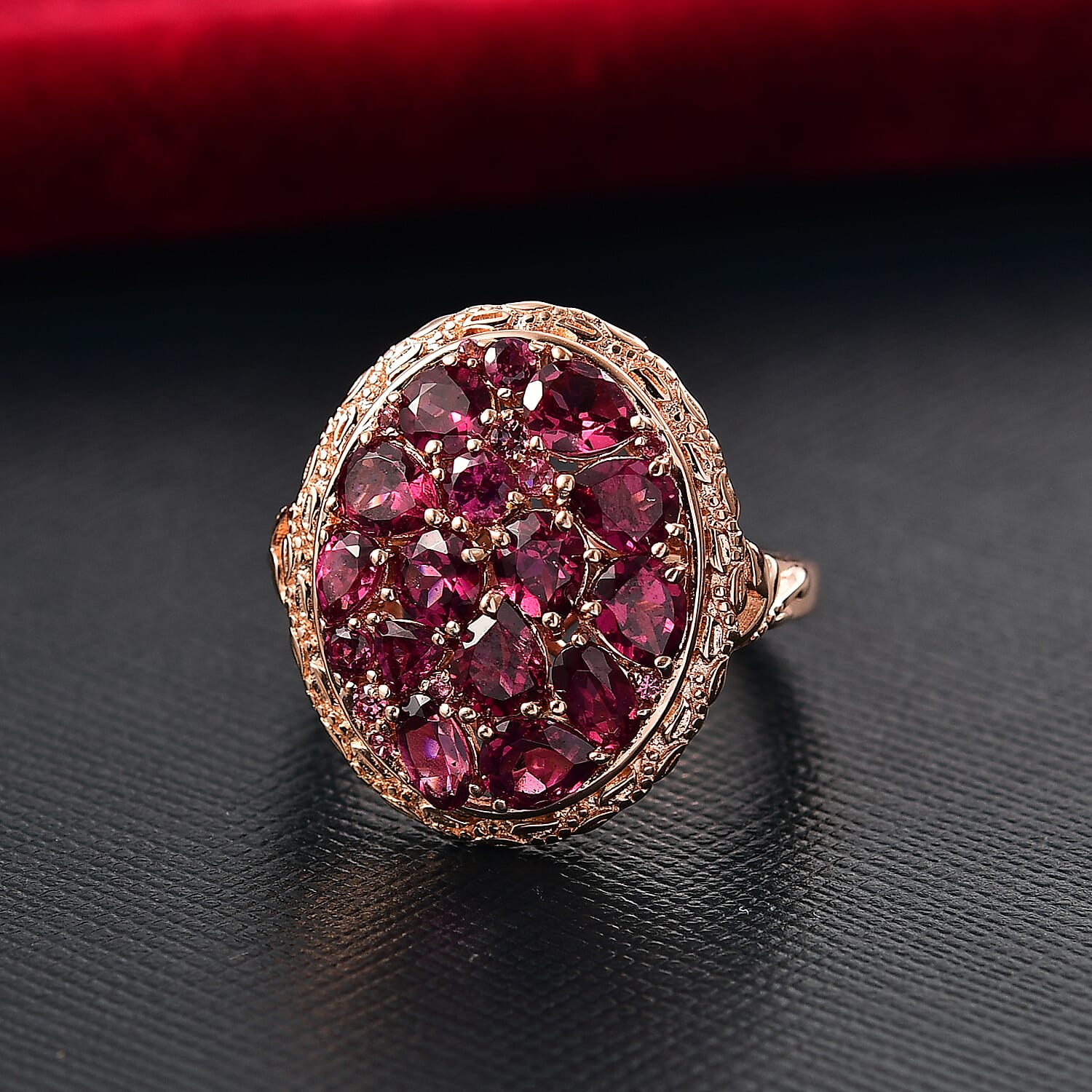 EverTrue Orissa Rhodolite Garnet 4.80 ctw Floral Cluster Ring in 18K Rose Gold Plated (Size 10.0)