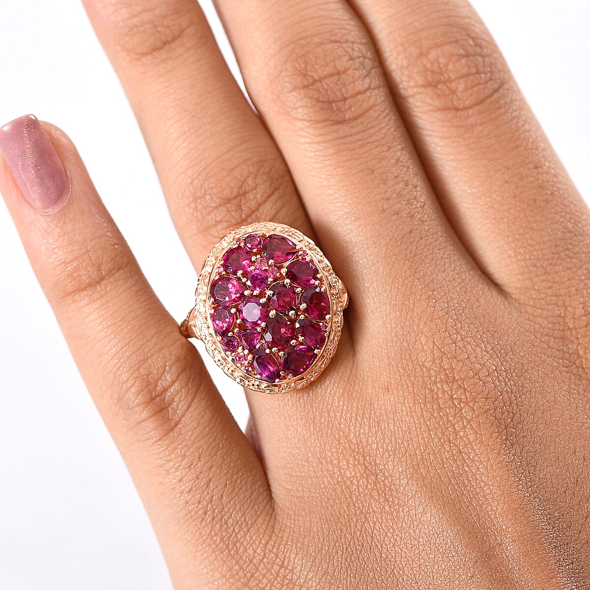 EverTrue Orissa Rhodolite Garnet 4.80 ctw Floral Cluster Ring in 18K Rose Gold Plated (Size 8.0) image number 2