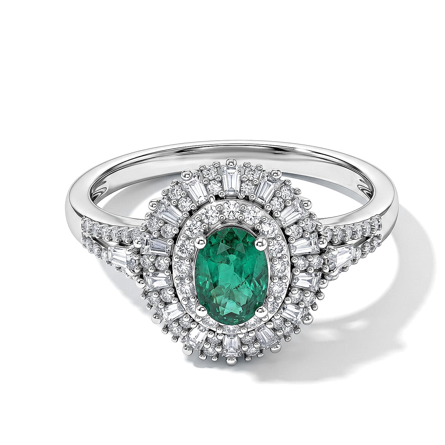 D'Joy Kagem Zambian Emerald, Moissanite Ring in Rhodium Over Sterling Silver 1.50 ctw (Size 5.0)