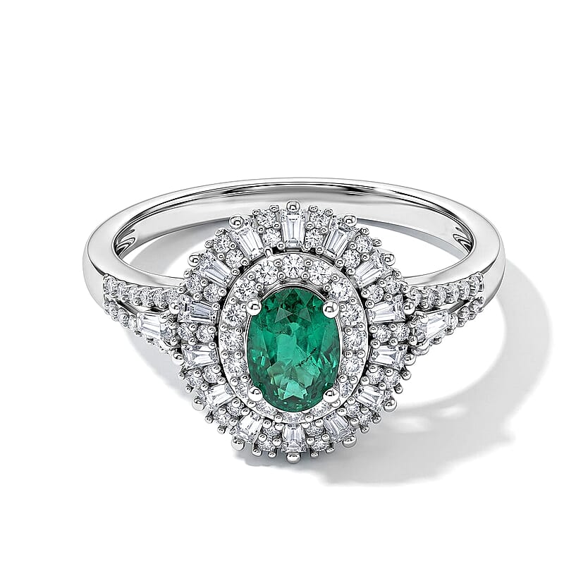 D'Joy Kagem Zambian Emerald, Moissanite Ring in Rhodium Over Sterling Silver 1.50 ctw (Size 5.0)
