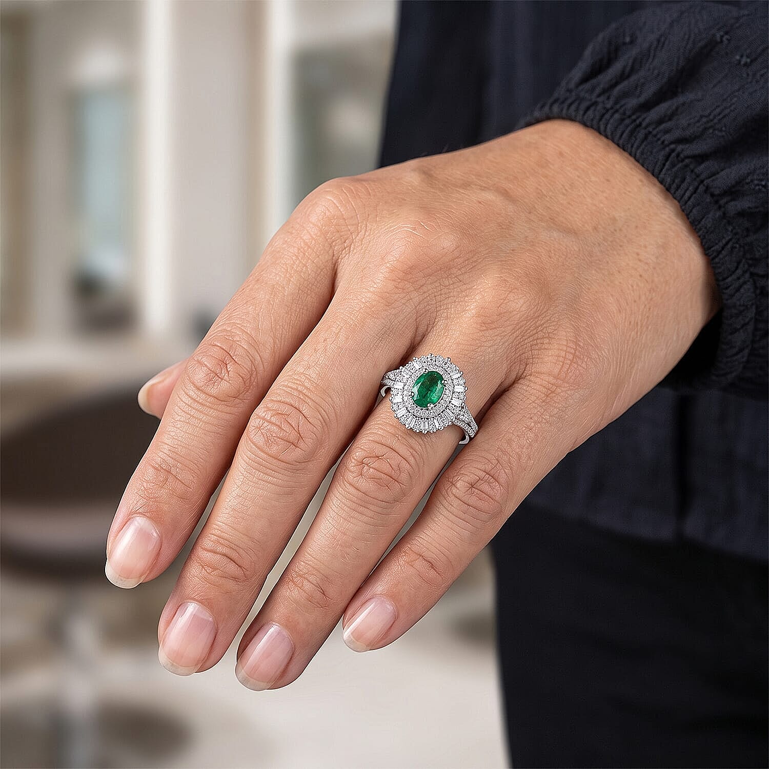 D'Joy Kagem Zambian Emerald, Moissanite Ring in Rhodium Over Sterling Silver 1.50 ctw (Size 5.0)