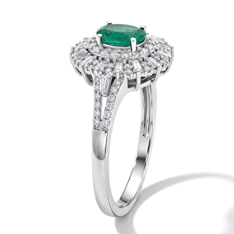 D'Joy Kagem Zambian Emerald, Moissanite Ring in Rhodium Over Sterling Silver 1.50 ctw (Size 9.0)