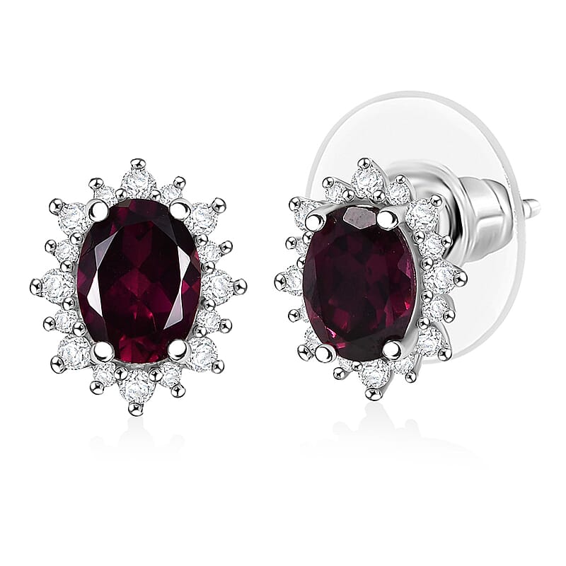 D'Joy Orissa Rhodolite Garnet and White Zircon 2.35 ctw Radiance of Sunburst Earrings in Platinum Over Sterling Silver