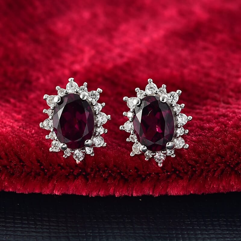 D'Joy Orissa Rhodolite Garnet and White Zircon 2.35 ctw Radiance of Sunburst Earrings in Platinum Over Sterling Silver