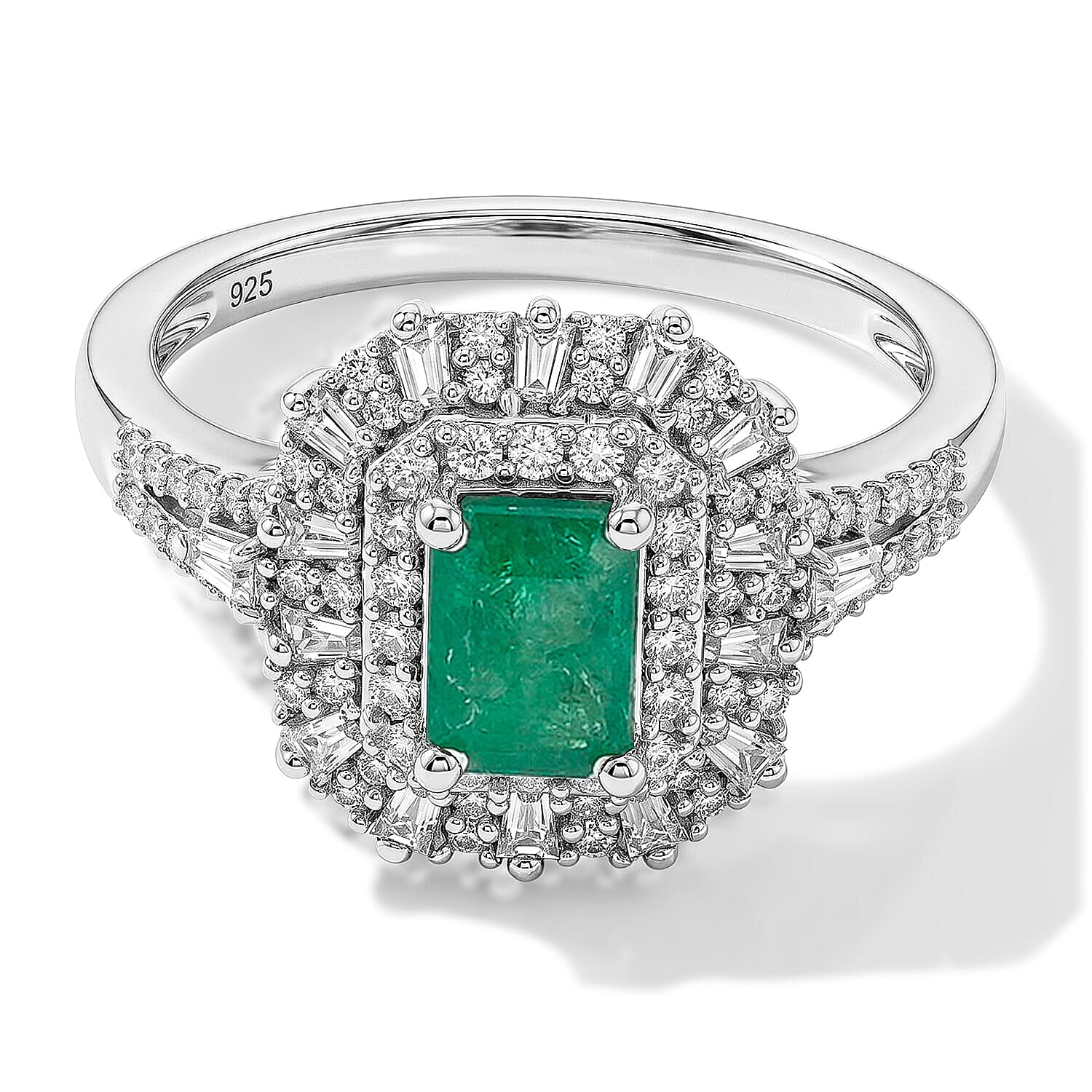 D'Joy Kagem Zambian Emerald, Moissanite Ring in Rhodium Over Sterling Silver 1.80 ctw (Size 5.0)