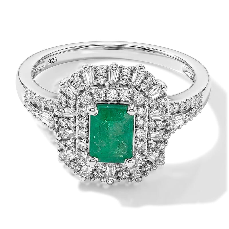 D'Joy Kagem Zambian Emerald, Moissanite Ring in Rhodium Over Sterling Silver 1.80 ctw (Size 5.0)