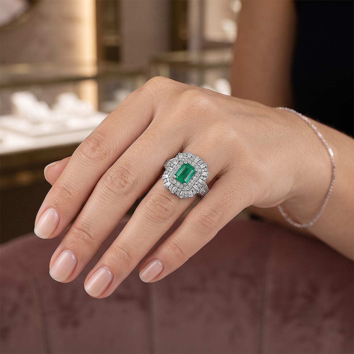 D'Joy Kagem Zambian Emerald, Moissanite Ring in Rhodium Over Sterling Silver 1.80 ctw (Size 5.0)