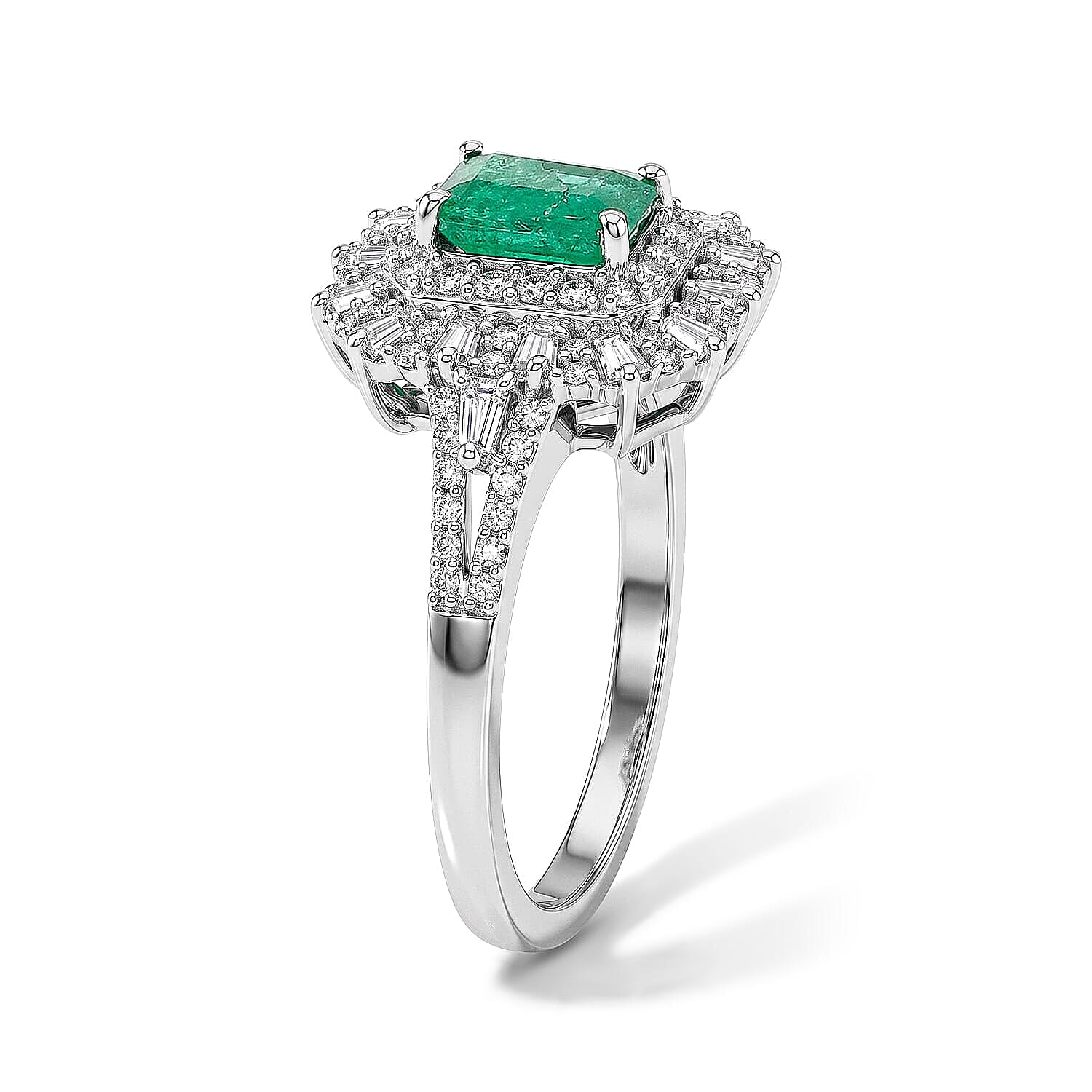 D'Joy Kagem Zambian Emerald, Moissanite Ring in Rhodium Over Sterling Silver 1.80 ctw (Size 5.0)