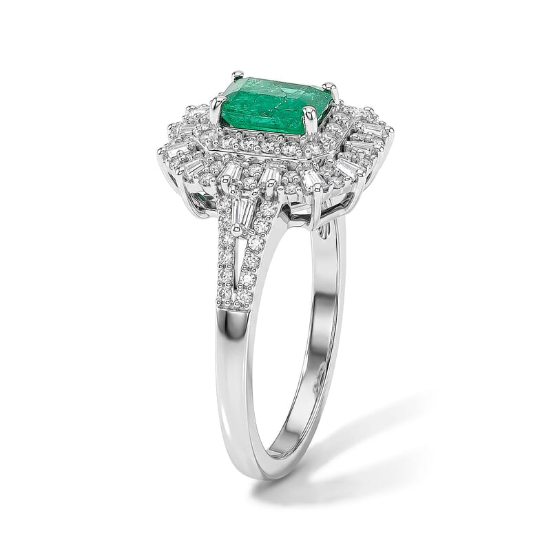 D'Joy Kagem Zambian Emerald, Moissanite Ring in Rhodium Over Sterling Silver 1.80 ctw (Size 5.0)