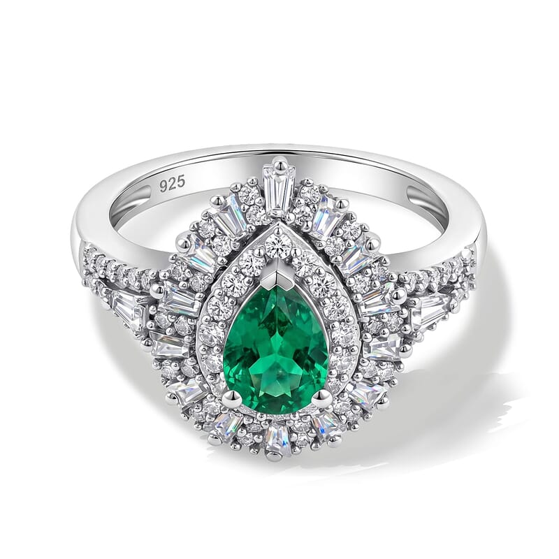 D'Joy Kagem Zambian Emerald, Moissanite Ring in Rhodium Over Sterling Silver 1.60 ctw (Size 5.0)