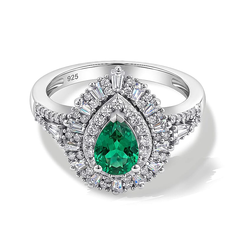 D'Joy Kagem Zambian Emerald, Moissanite Ring in Rhodium Over Sterling Silver 1.60 ctw (Size 5.0)