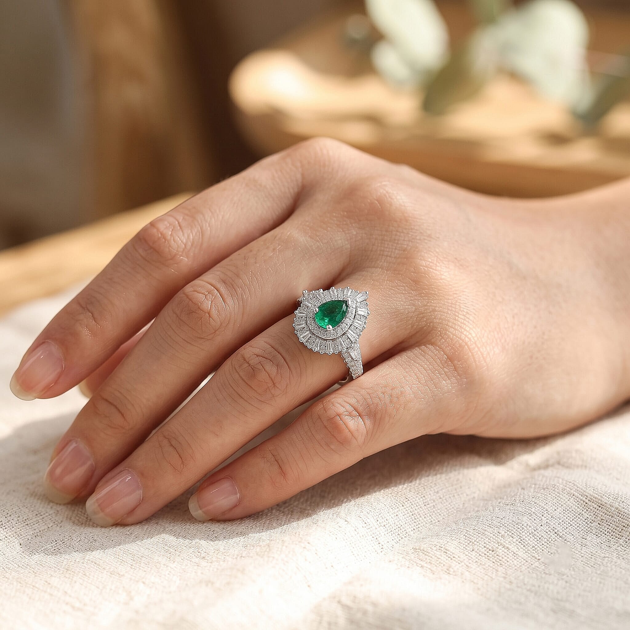 D'Joy Kagem Zambian Emerald, Moissanite Ring in Rhodium Over Sterling Silver 1.60 ctw (Size 5.0)