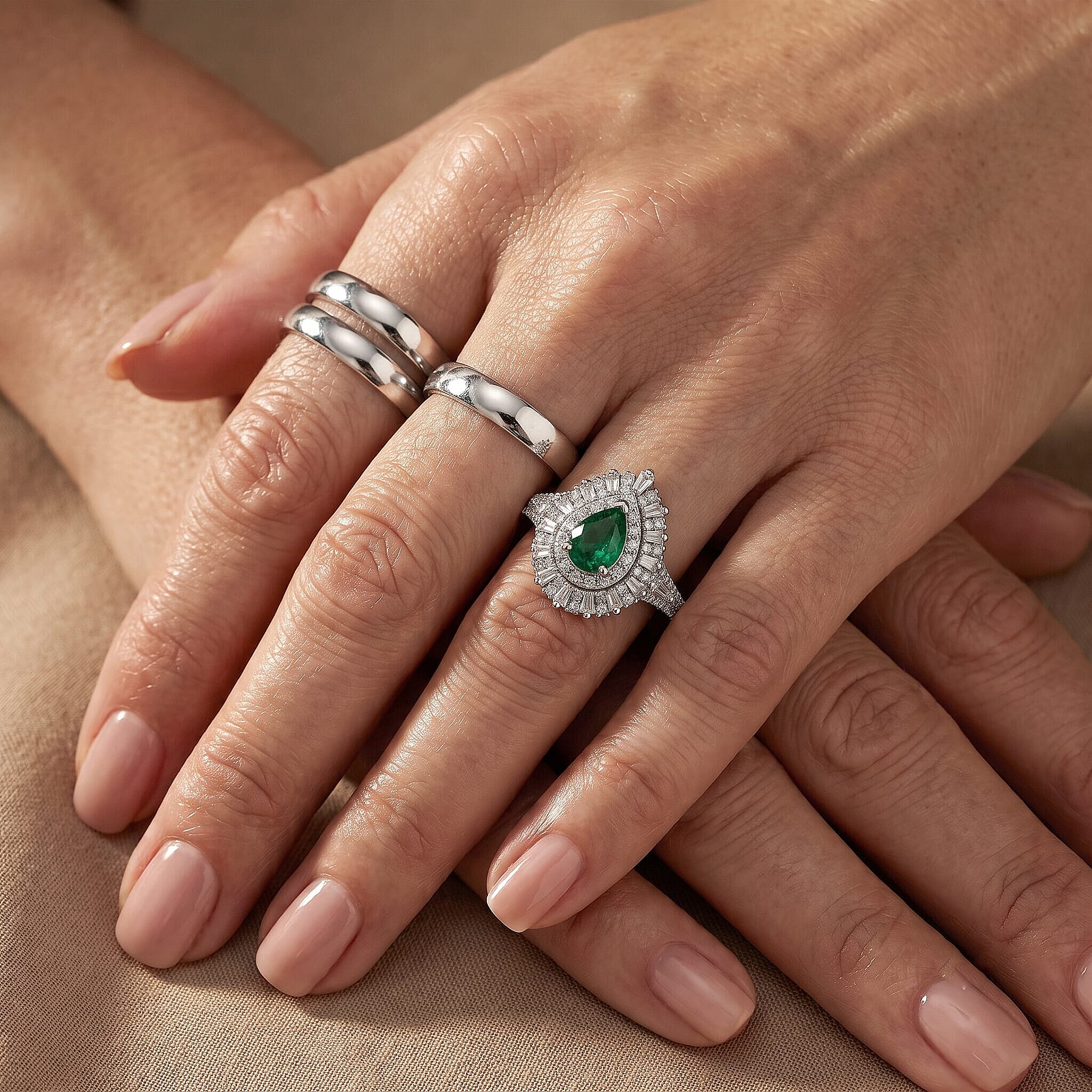 D'Joy Kagem Zambian Emerald, Moissanite Ring in Rhodium Over Sterling Silver 1.60 ctw (Size 5.0)