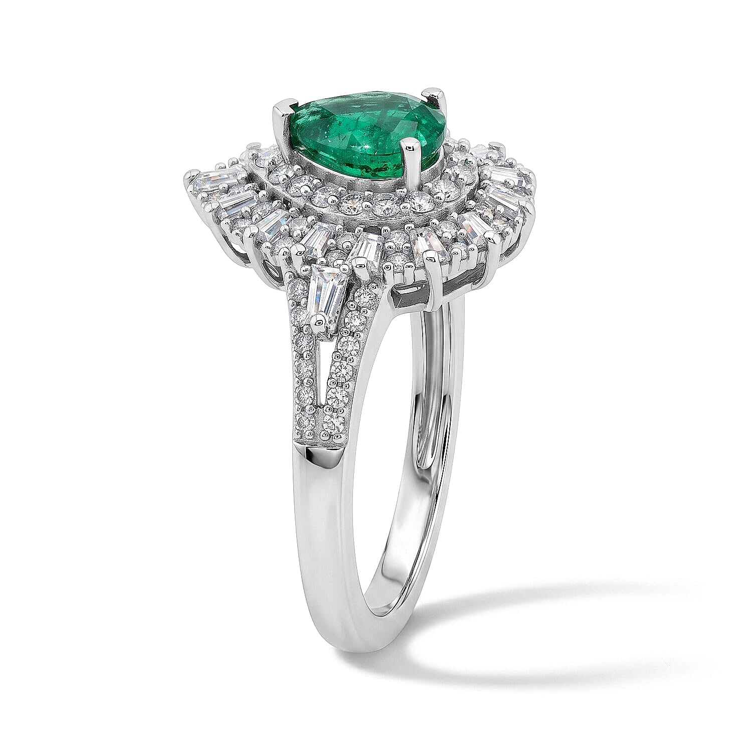 D'Joy Kagem Zambian Emerald, Moissanite Ring in Rhodium Over Sterling Silver 1.60 ctw (Size 5.0)