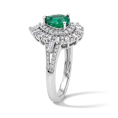 D'Joy Kagem Zambian Emerald, Moissanite Ring in Rhodium Over Sterling Silver 1.60 ctw (Size 5.0)