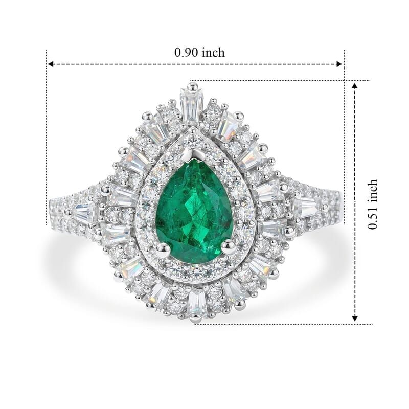 D'Joy Kagem Zambian Emerald, Moissanite Ring in Rhodium Over Sterling Silver 1.60 ctw (Size 5.0)