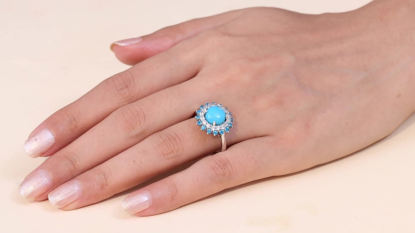 D'Joy Premium Sleeping Beauty Turquoise and Multi Gemstone 3.90 ctw Ring in Rhodium Over Sterling Silver (Size 10.0)