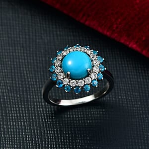 D'Joy Premium Sleeping Beauty Turquoise and Multi Gemstone 3.90 ctw Ocean Bloom Ring in Rhodium Over Sterling Silver (Size 10.0)