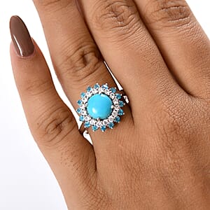 D'Joy Premium Sleeping Beauty Turquoise and Multi Gemstone 3.90 ctw Ocean Bloom Ring in Rhodium Over Sterling Silver (Size 10.0)