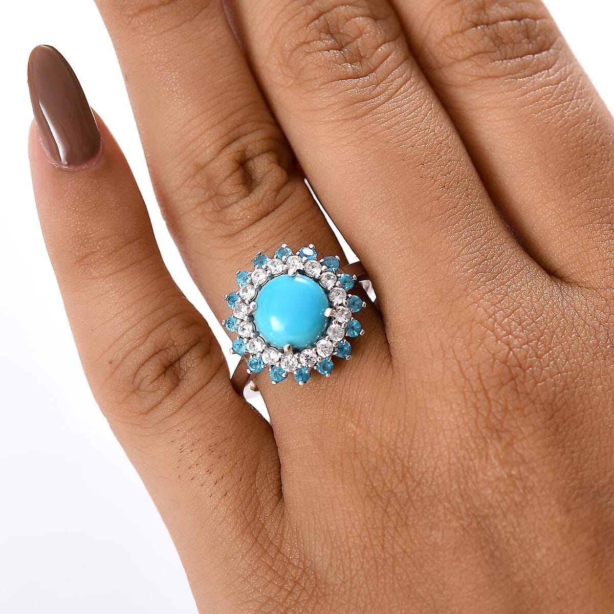D'Joy Premium Sleeping Beauty Turquoise and Multi Gemstone 3.90 ctw Ocean Bloom Ring in Rhodium Over Sterling Silver (Size 5.0) image number 2
