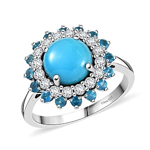 D'Joy Premium Sleeping Beauty Turquoise and Multi Gemstone 3.90 ctw Ocean Bloom Ring in Rhodium Over Sterling Silver (Size 6.0)