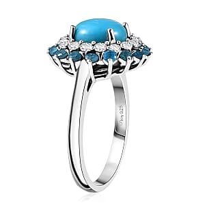 D'Joy Premium Sleeping Beauty Turquoise and Multi Gemstone 3.90 ctw Ocean Bloom Ring in Rhodium Over Sterling Silver (Size 6.0)
