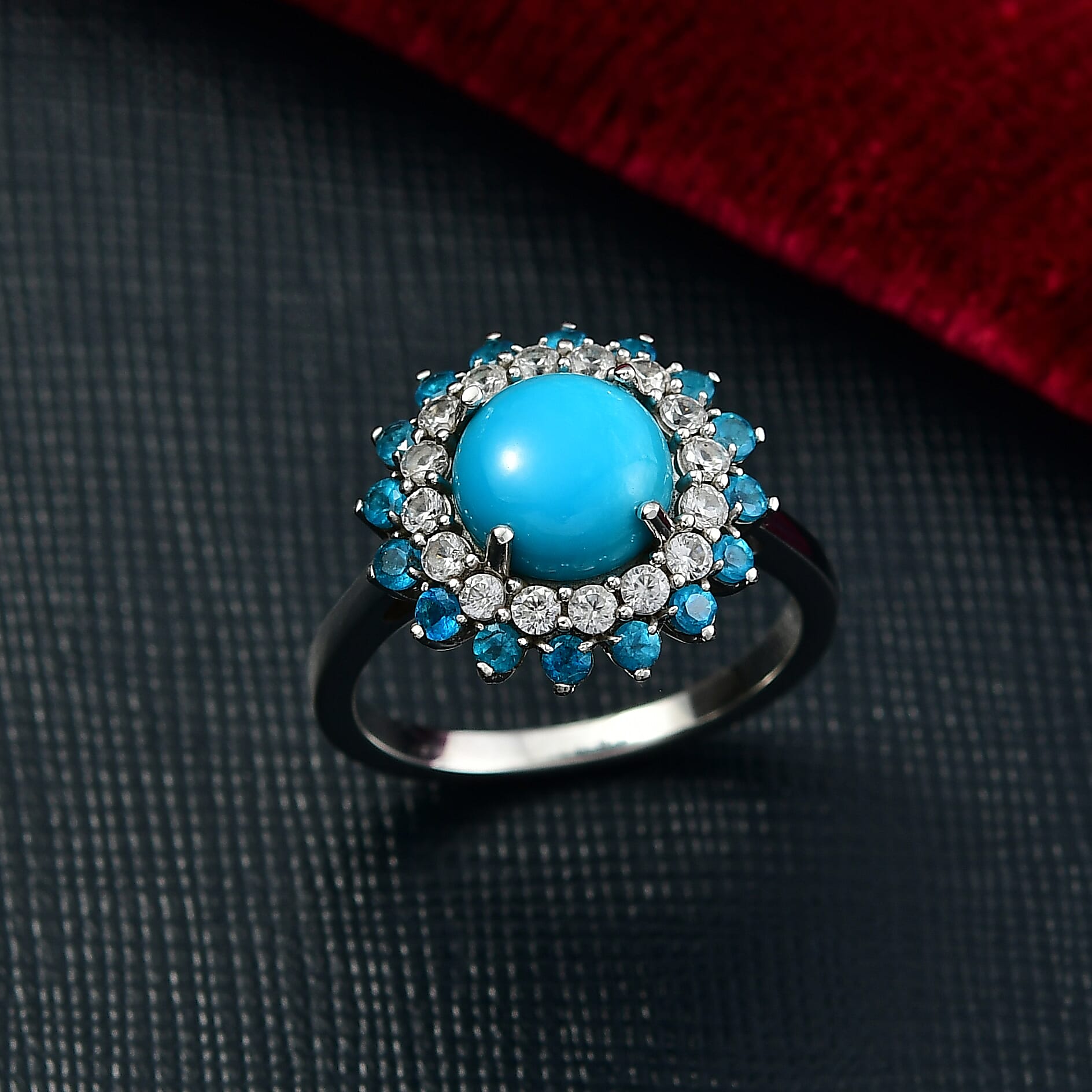 D'Joy Premium Sleeping Beauty Turquoise and Multi Gemstone 3.90 ctw Ocean Bloom Ring in Rhodium Over Sterling Silver (Size 7.0)