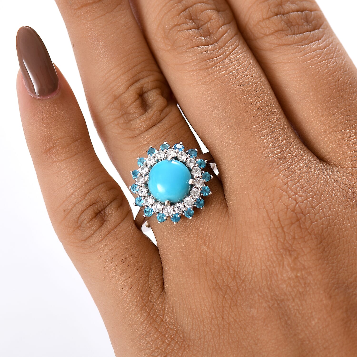 D'Joy Premium Sleeping Beauty Turquoise and Multi Gemstone 3.90 ctw Ocean Bloom Ring in Rhodium Over Sterling Silver (Size 7.0)