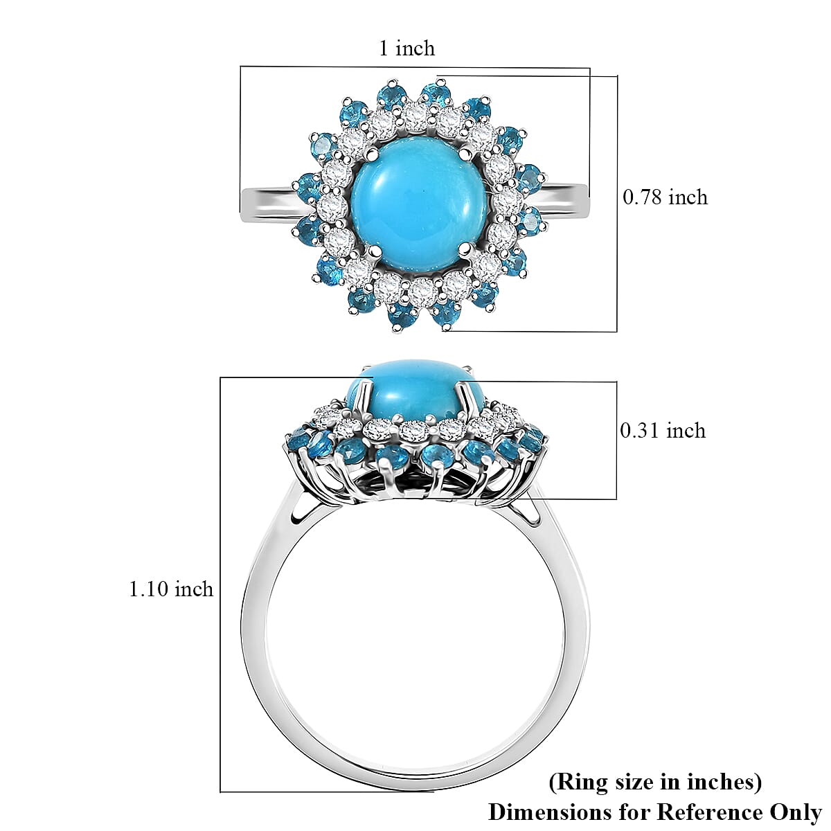 D'Joy Premium Sleeping Beauty Turquoise and Multi Gemstone 3.90 ctw Ocean Bloom Ring in Rhodium Over Sterling Silver (Size 7.0)