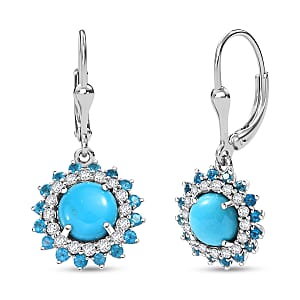 D'Joy Premium Sleeping Beauty Turquoise and Multi Gemstone 3.55 ctw Lever Back Earrings in Rhodium Over Sterling Silver
