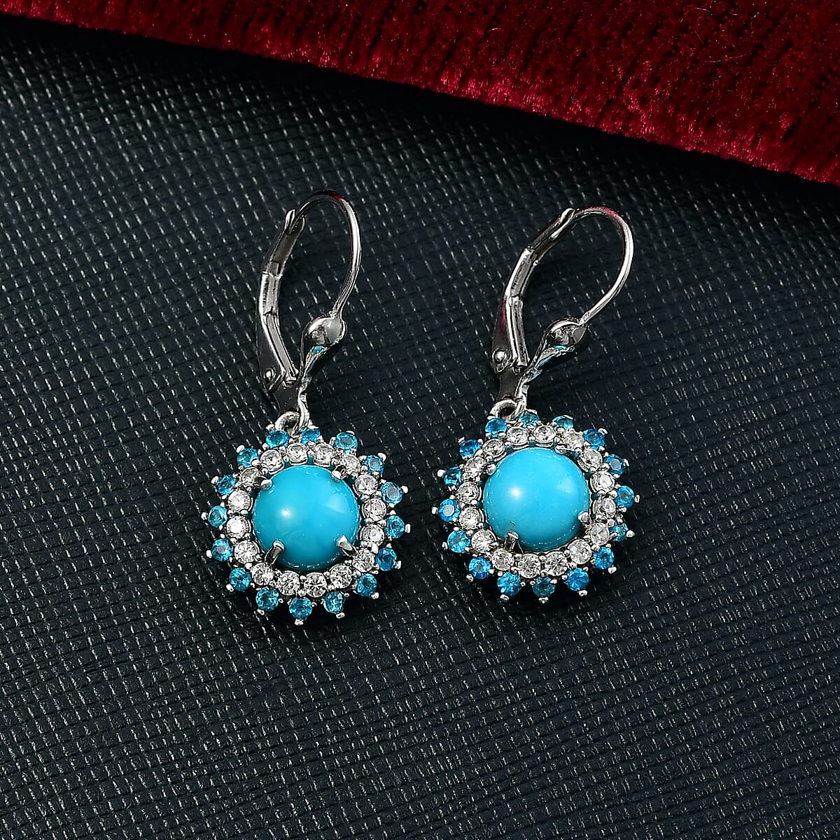 D'Joy Premium Sleeping Beauty Turquoise and Multi Gemstone 3.55 ctw Lever Back Earrings in Rhodium Over Sterling Silver image number 1