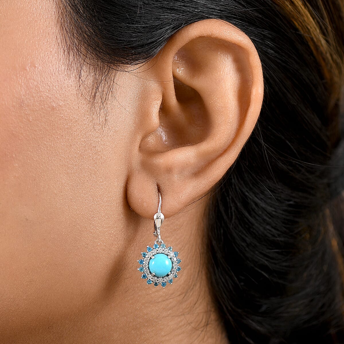 D'Joy Premium Sleeping Beauty Turquoise and Multi Gemstone 3.55 ctw Lever Back Earrings in Rhodium Over Sterling Silver image number 2