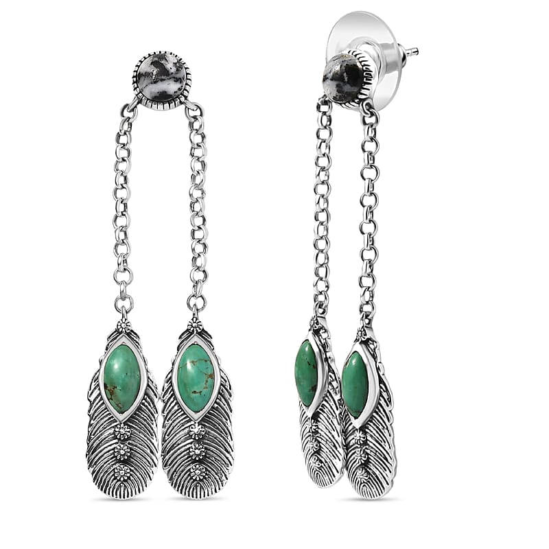 D'Joy Artisan Crafted Tahoe Nevada Turquoise and White Buffalo 5.40 ctw Feather Earrings in Sterling Silver